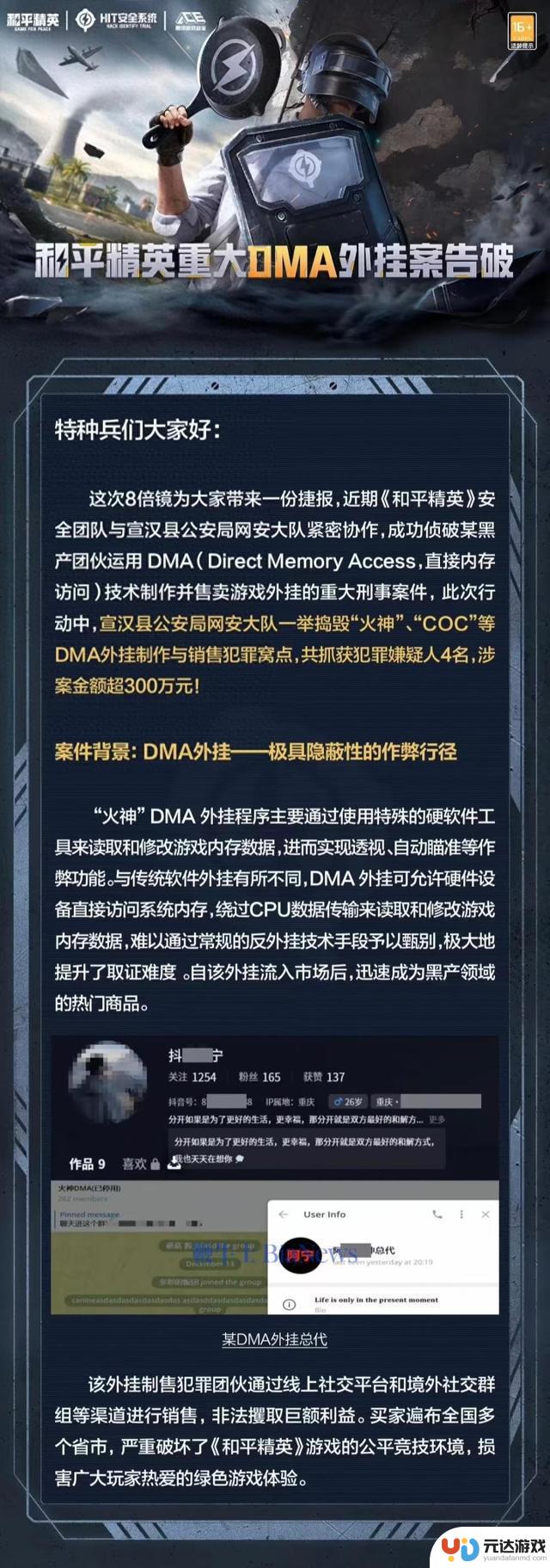腾讯成功破获《和平精英》重大外挂案件，抓获4名犯罪嫌疑人，涉案金额超过300万元